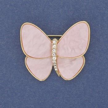 Broszka motyl różowo-perłowy, metal złocisty 26×29 mm+