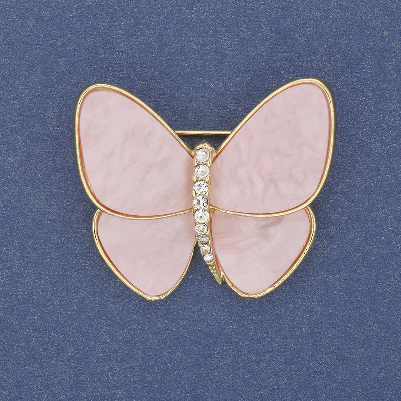 Broszka motyl różowo-perłowy, metal złocisty 26×29 mm+