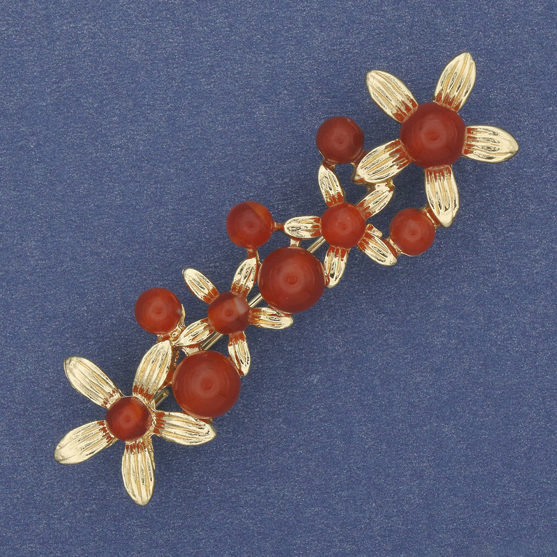 Broszka Kwiatki z karneolem, metal złocisty, 55×17 mm+