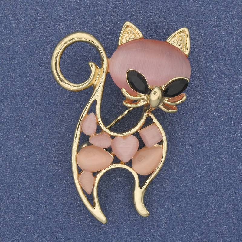 Broszka-wisiorek Kotka z różowym kamieniem Kocie Oko, ze strassami, metal złocisty, 45×30 mm+