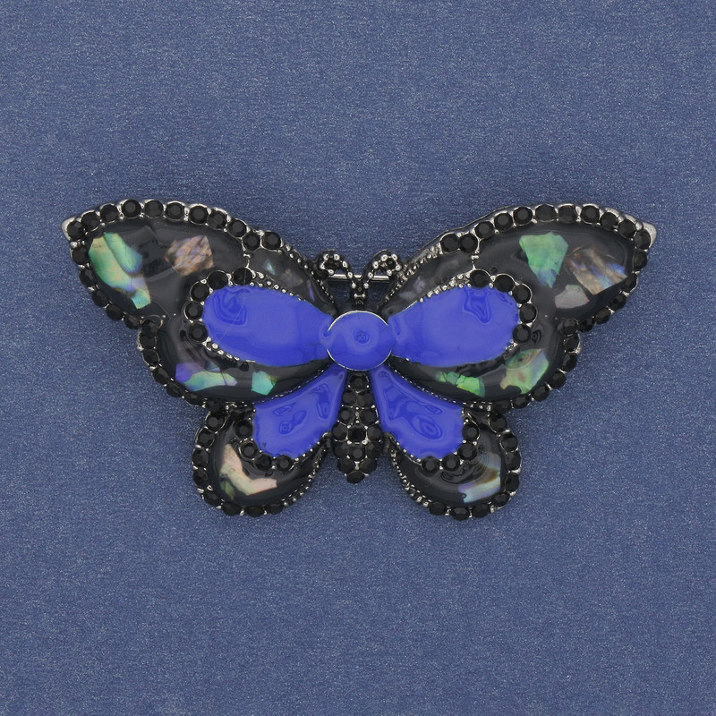Broszka „Motyl” z haliozytem i emalią, metal srebrzysty, 50×30 mm+
