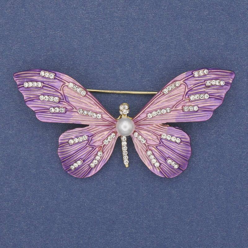 Broszka Motyl z białymi kryształami, emalią, metal złocisty, 60×35 mm+