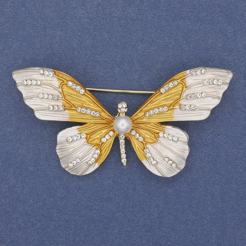Broszka Motyl z białymi kryształami, emaliowana, metal złocisty, 60×35 mm +