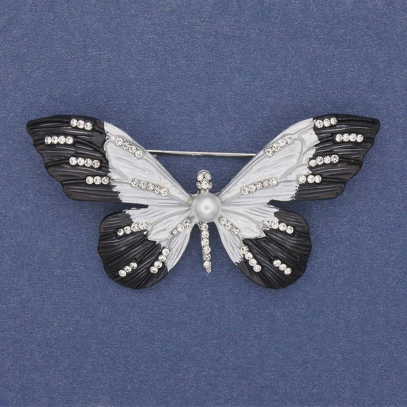 Broszka Motyl z białymi kryształkami i emalią, metal srebrzysty, 60×35 mm+