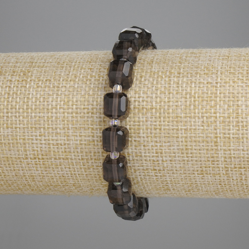 Bransoletka z fasetowanego topazu dymnego, kostka 8×8 mm ±, koraliki 3 mm ±, długość 18 cm ±, na elastycznej gumce