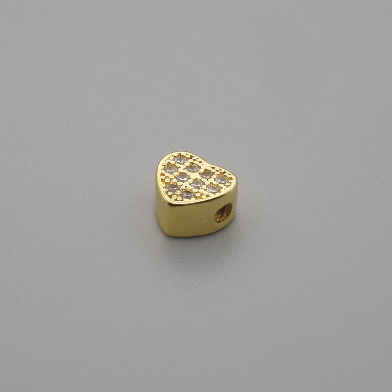 Koralik-wstawka w kształcie serca z cyrkoniami, złoty kolor metalu, średnica 6×5,5 mm, otwór 1,9 mm ±, za 1 szt.