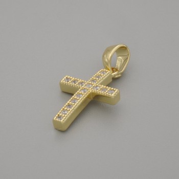 Wisiorek krzyż z białymi cyrkoniami, metal złocisty, średnica 16×10 mm ±, długość 20 mm ±