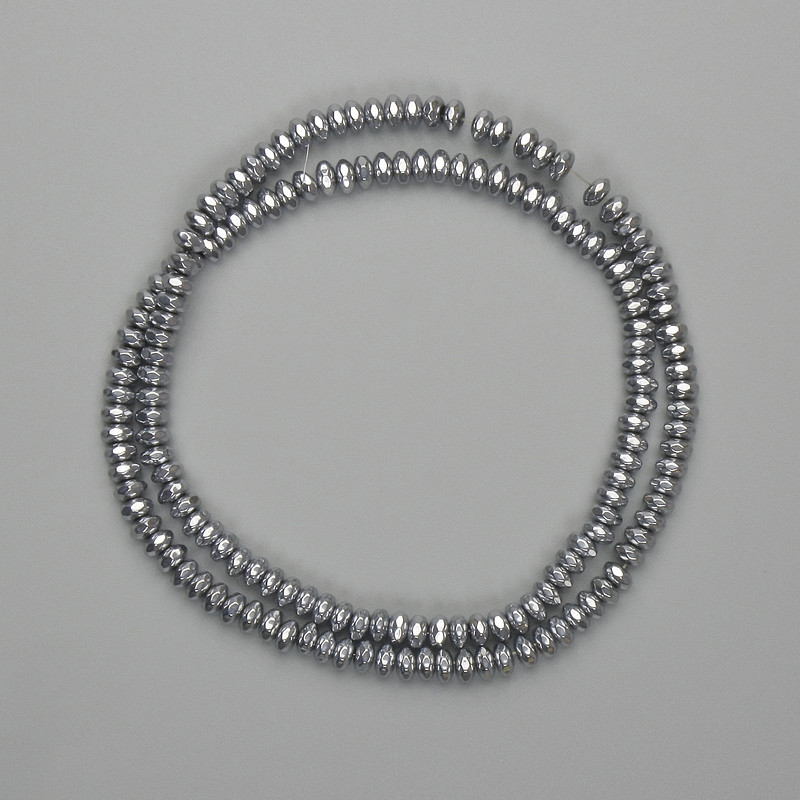 Koraliki hematytu w kształcie rondeli 4×2 mm +- kolor srebrny, długość 40 cm+