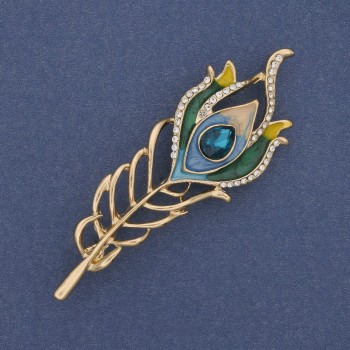 Broszka w kształcie pióra z emalią i cyrkoniami, złocisty metal, 72×24 mm +