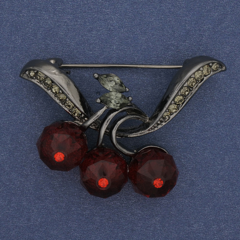 Broszka Wiśnie, czerwone kryształy, kolor metalu: ciemne srebro, 42×25 mm+
