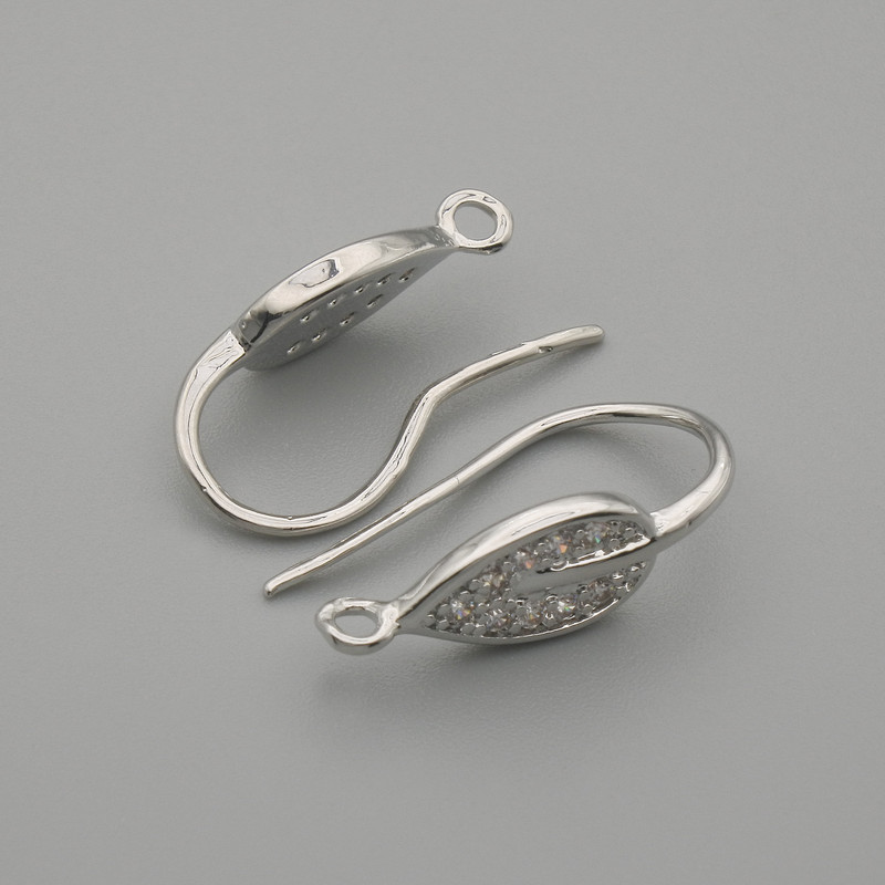 Zawieszki do kolczyków Liść, białe kryształy, metal srebrzysty, 19×6 mm, para