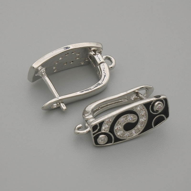 Haczyki do kolczyków, białe kryształki, czarna emalia, metal srebrzysty, 16×7 mm, para