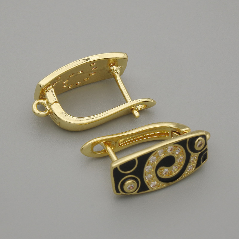 Sztyfty do kolczyków z białymi cyrkoniami i czarną emalią, metal złocisty 16×7 mm ± para