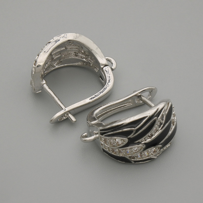 Haczyki do kolczyków, białe cyrkonie, czarna emalia, srebrzysty metal, 15×9,5 mm ± para