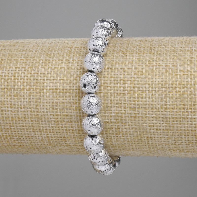 Bransoletka z kamienia lawowego ze srebrzystą metalową powłoką, porowate kulki 8,5 mm, długość 18 cm, elastyczna