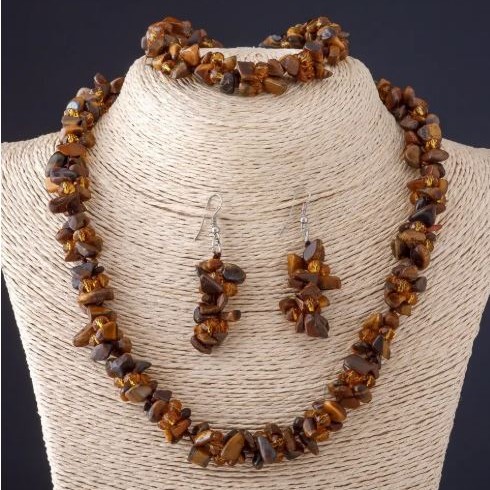 Zestaw „Trójka” z tygrysiego oka, naturalny kamień „kamienne bryłki” naszyjnik+kolczyki+bransoletka