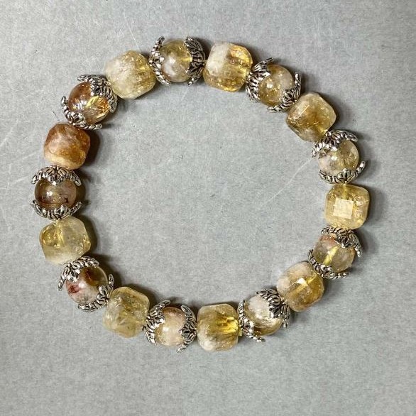 Bransoletka z cytrynem fasetowana kostka 8,5 mm + kulka 8 mm + z metalowymi wstawkami, długość 18 cm + elastyczna