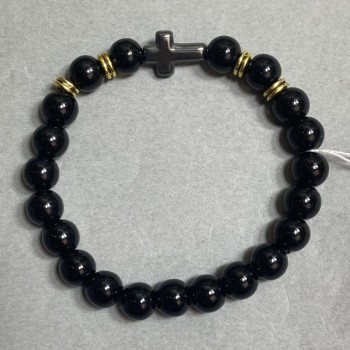 Bransoleta agatowa z gładką kuleczką 8 mm +- hematyt krzyż 14x10 mm +- z metalowymi wstawkami, długość 18 cm +- elastyczna