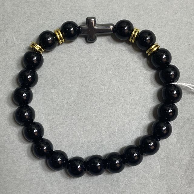 Bransoleta agatowa z gładką kuleczką 8 mm +- hematyt krzyż 14x10 mm +- z metalowymi wstawkami, długość 18 cm +- elastyczna