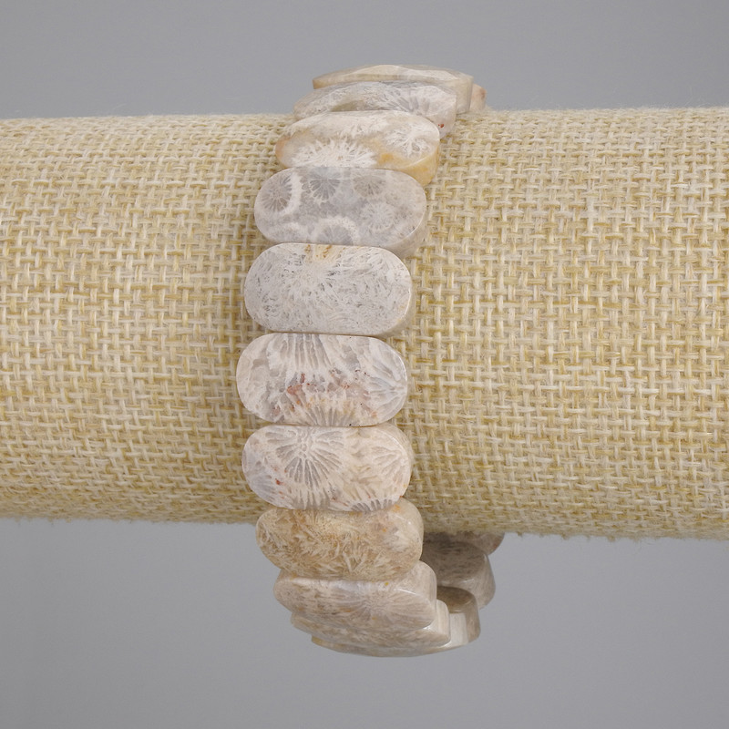 Bransoletka z skamieniałego koralu, fasetowane ogniwo, średnica 20×10 mm, długość 18 cm, elastyczna
