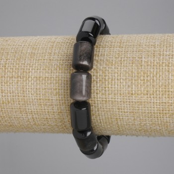 Bransoletka srebrzystego obsydianu, cylindryczne koraliki o średnicy 14×10 mm, długość 18 cm, elastyczna