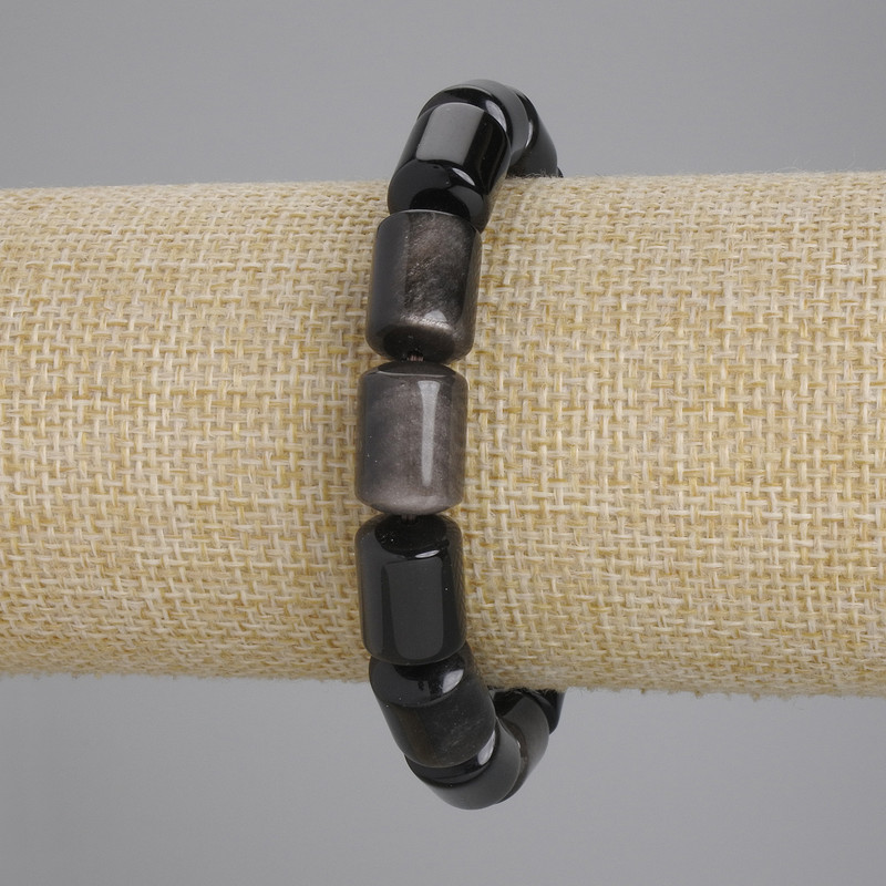Bransoletka srebrzystego obsydianu, cylindryczne koraliki o średnicy 14×10 mm, długość 18 cm, elastyczna