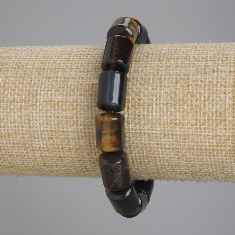 Bransoletka z tygrysiego oka, byczego oka i sokolego oka – cylindryczne koraliki o wymiarach ok. 14×10 mm, długość ok. 18 cm, elastyczna