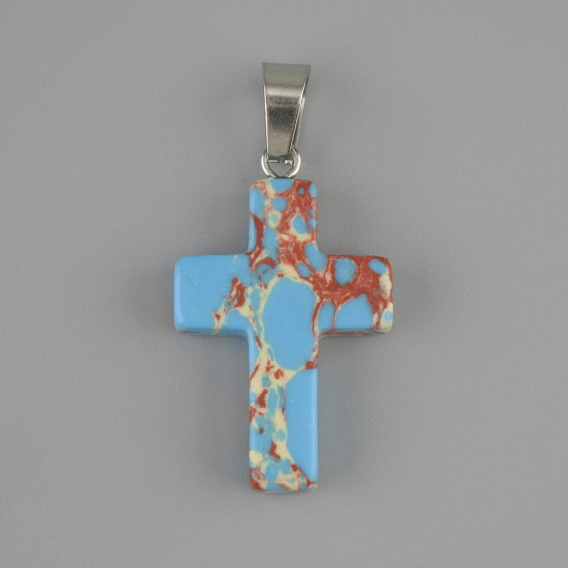 Wisiorek krzyż z variscytu błękitnego 25×18 mm ±, długość 36 mm+
