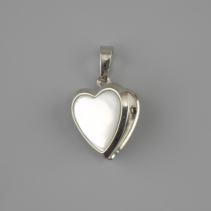 Wisiorek Serce pod zdjęcie z masy perłowej, średnica 17×18 mm, długość 28 mm, metal srebrzysty