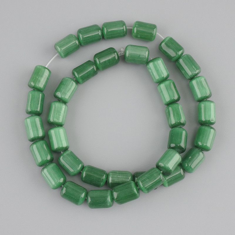 Koraliki zielone kocie oko cylindryczne, średnica 11×8 mm ±, długość 38 cm ± na żyłce