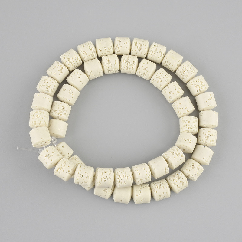 Koraliki z beżowej lawy wulkanicznej, cylindryczne, średnica 8×8 mm, na żyłce, długość około 38 cm