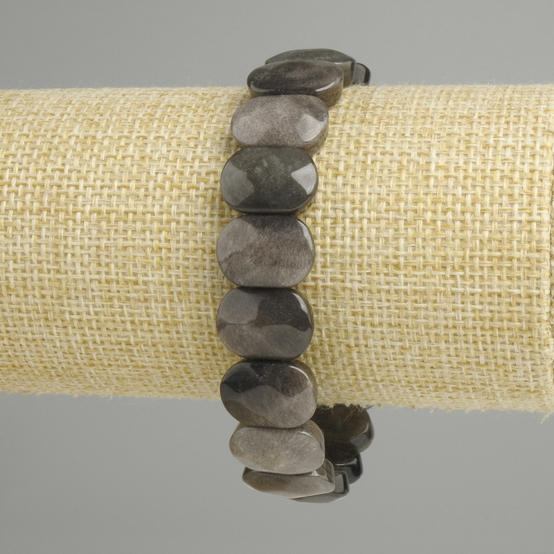 Bransoletka z obsydianu srebrzystego – zaokrąglone fasetowane ogniwa, średnica 15×10 mm, 5–11 mm ±, długość 18 cm ±, elastyczna