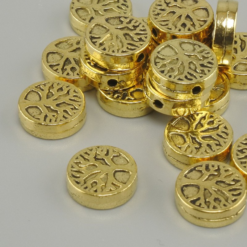 Koralik-wstawka z motywem «Drzewo życia» w kolorze żółtego złota, średnica koralika 9 mm ±, otwór 1,4 mm ±, opakowanie 20 g (~18 szt.)