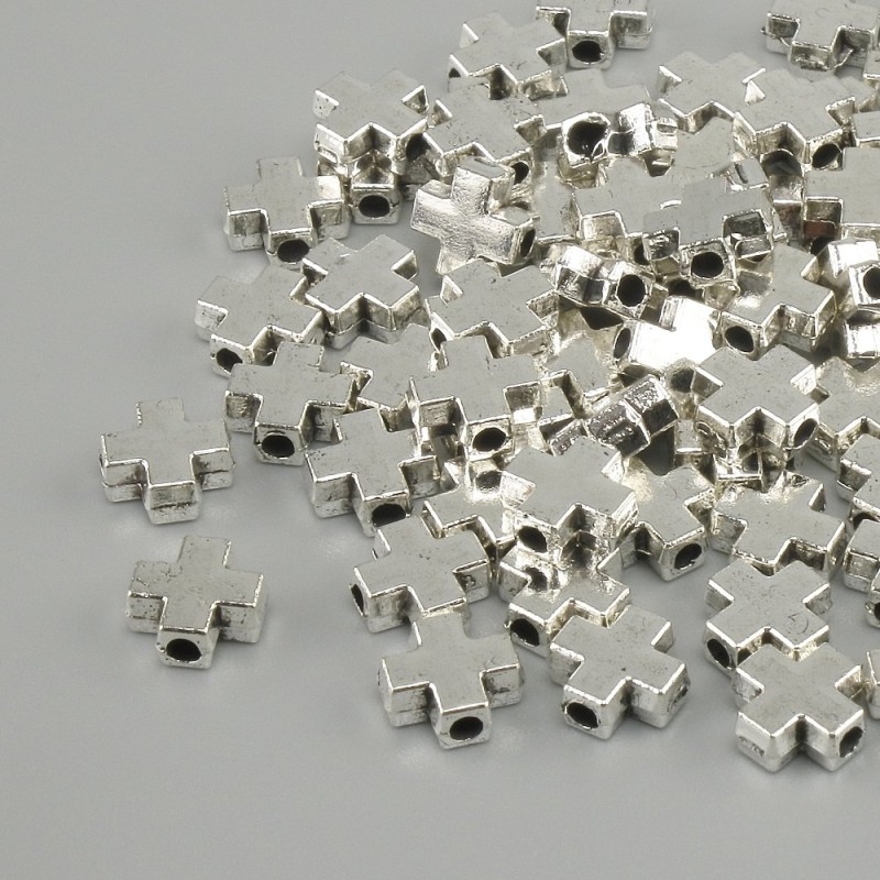 Koralik-wstawka w kształcie krzyża, kolor metalu srebrny, średnica 6×6 mm, otwór 1,8 mm, opakowanie 20 g (~68 szt.)