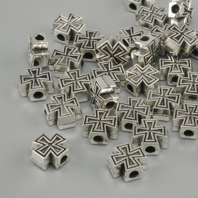 Koralik-wstawka w kształcie krzyża, kolor metalu: srebrny, średnica 7×7 mm, otwór 2,2 mm, opakowanie 20 g (~37 szt.)