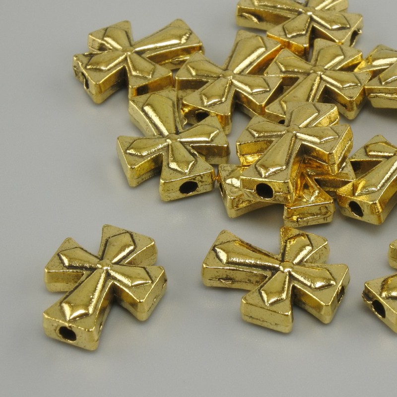 Koralik-wkładka w kształcie krzyża, kolor metalu: żółte złoto, średnica 13×11 mm ± otwór 2,3 mm ± opakowanie 20 g (~14 szt.)