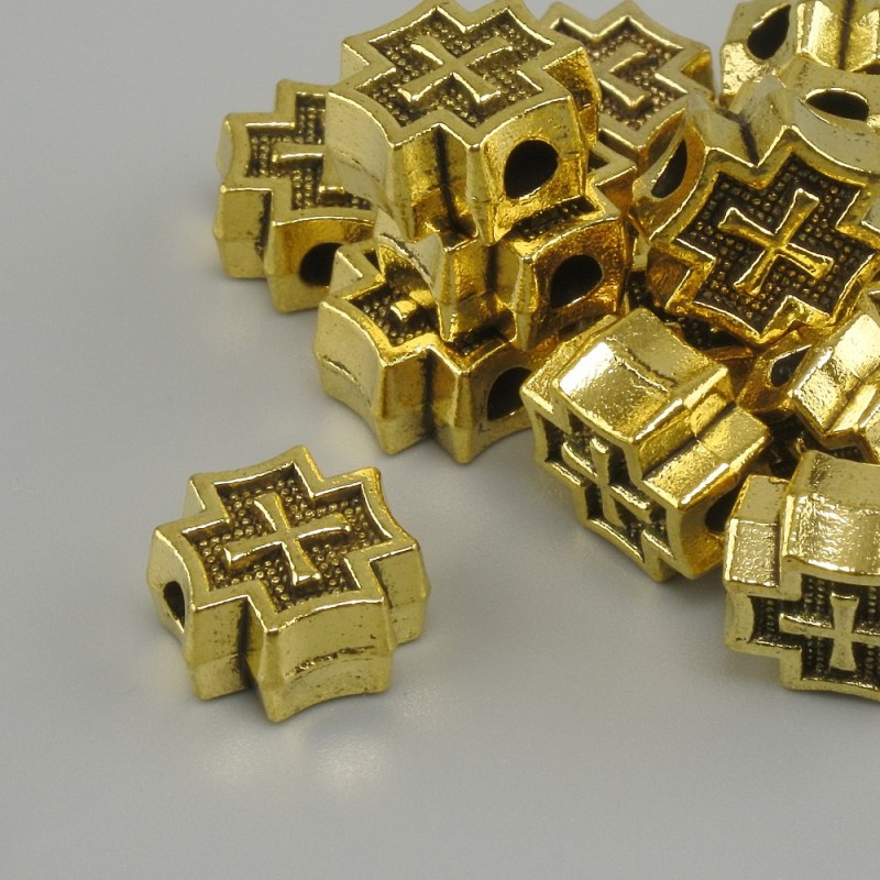 Koralik-wstawka w formie krzyża, kolor metalu: złoto żółte, 9×9 mm