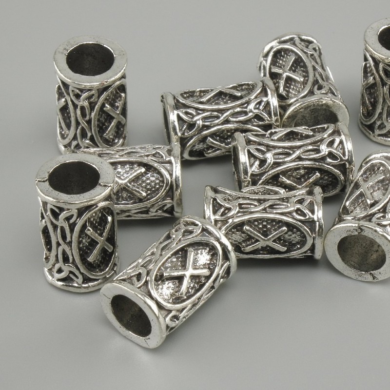 Koralik ozdobny z nordycką runą, średnica 13×9 mm ±, otwór 6 mm, kolor metalu: srebrzysty, opakowanie 10 szt.