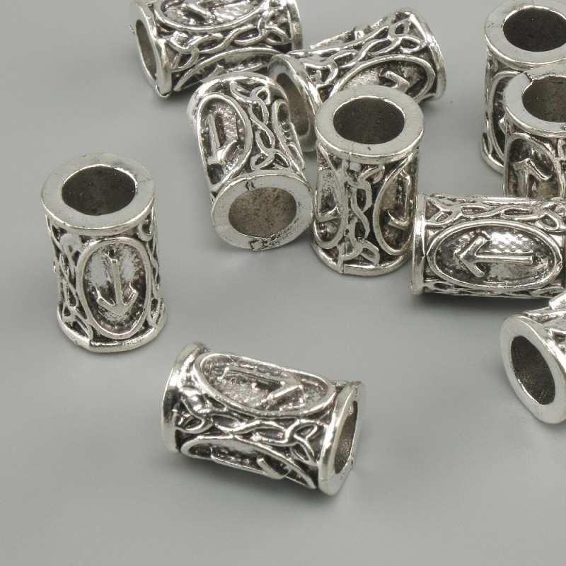Koralik ozdobny z runą nordycką, średnica 13×9 mm, otwór 6 mm, kolor metalu: srebrzysty, zestaw 10 szt.