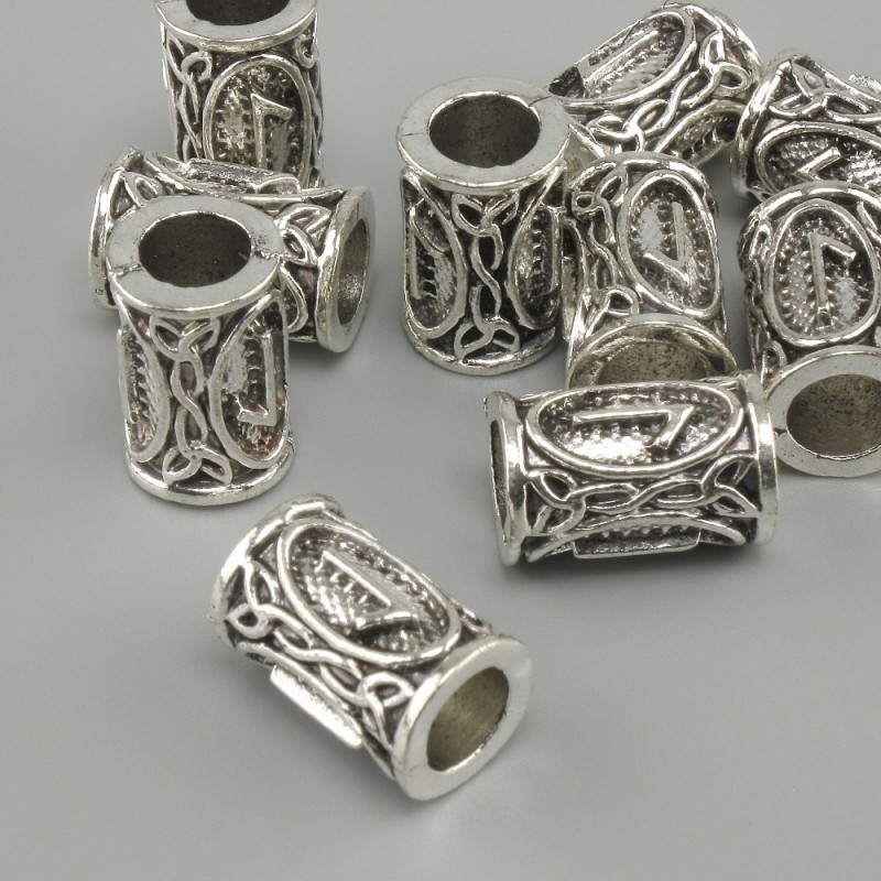 Koralik z motywem runy nordyckiej, średnica 13×9 mm, otwór 6 mm, srebrzysty kolor metalu, opakowanie 10 szt.