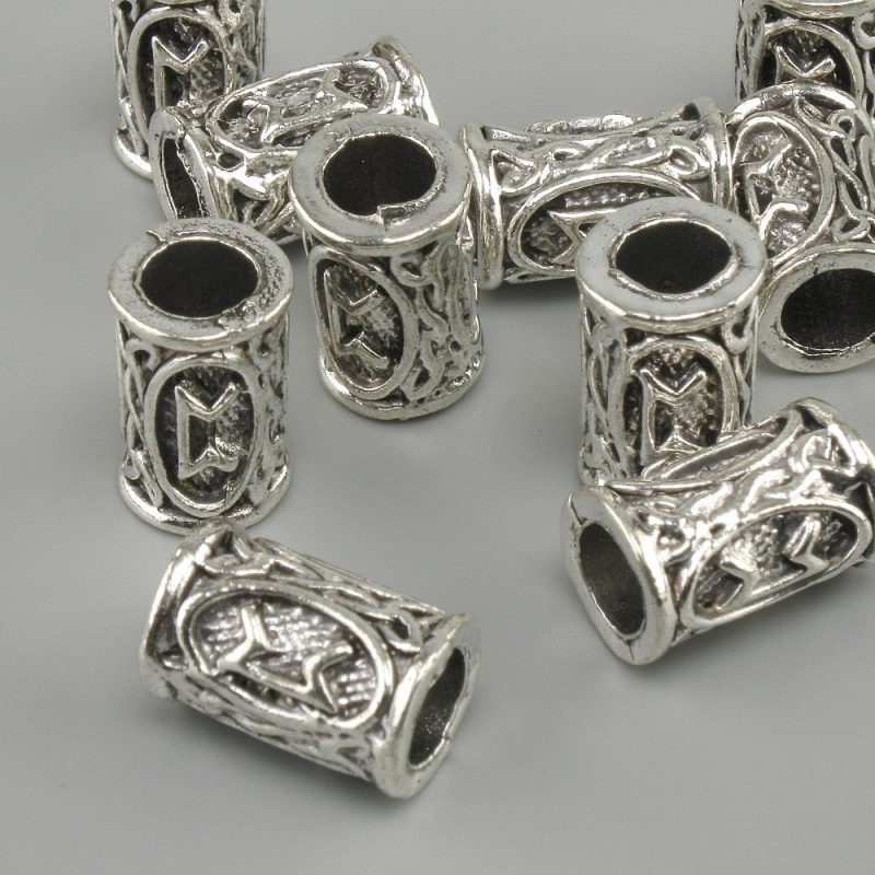 Koralik skandynawski z runicznym ornamentem, srebrzysty, 13×9 mm, otwór 6 mm, zestaw 10 szt.