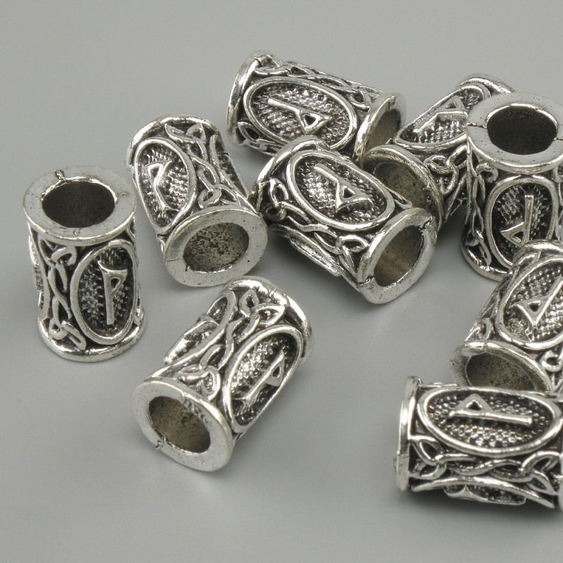 Koralik z runą nordycką, średnica 13×9 mm, otwór 6 mm, kolor metalu: srebrny, opakowanie 10 szt.