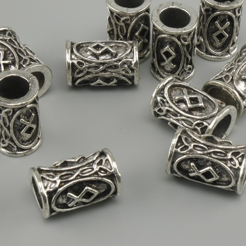 Koralik runy skandynawskiej, srebrzysty, 13×9 mm, otwór 6 mm, 10 szt.