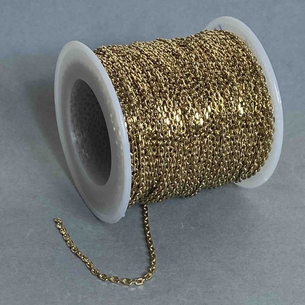 Złocisty łańcuszek bobinowy do biżuterii, grubość 2 mm ±, długość 18 m ±, złocisty metal