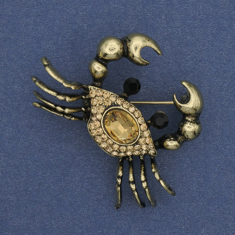 Broszka Krab z kryształkami, metal w kolorze złotym, 43×35 mm