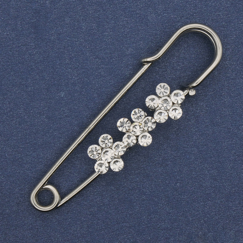Broszka–spinka z białymi cyrkonami 48×10 mm ± srebrzysty metal