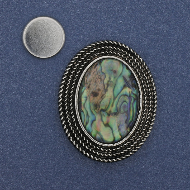 Broszka na magnesie z haliozytem, srebrzysty metal, 47×37 mm