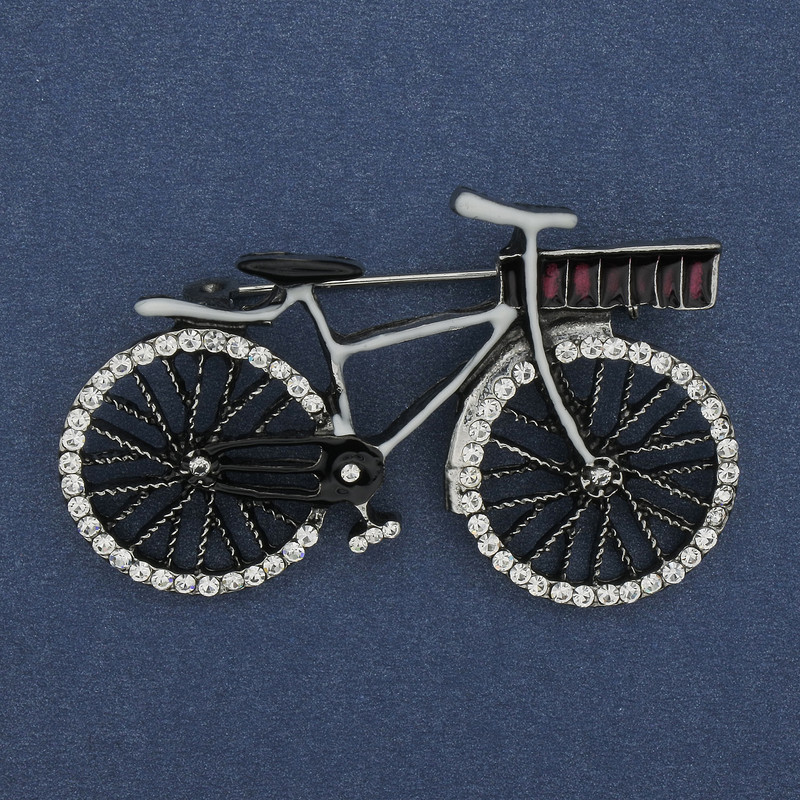 Broszka „Rower” z kryształkami ze srebrzystego metalu 49×37 mm+