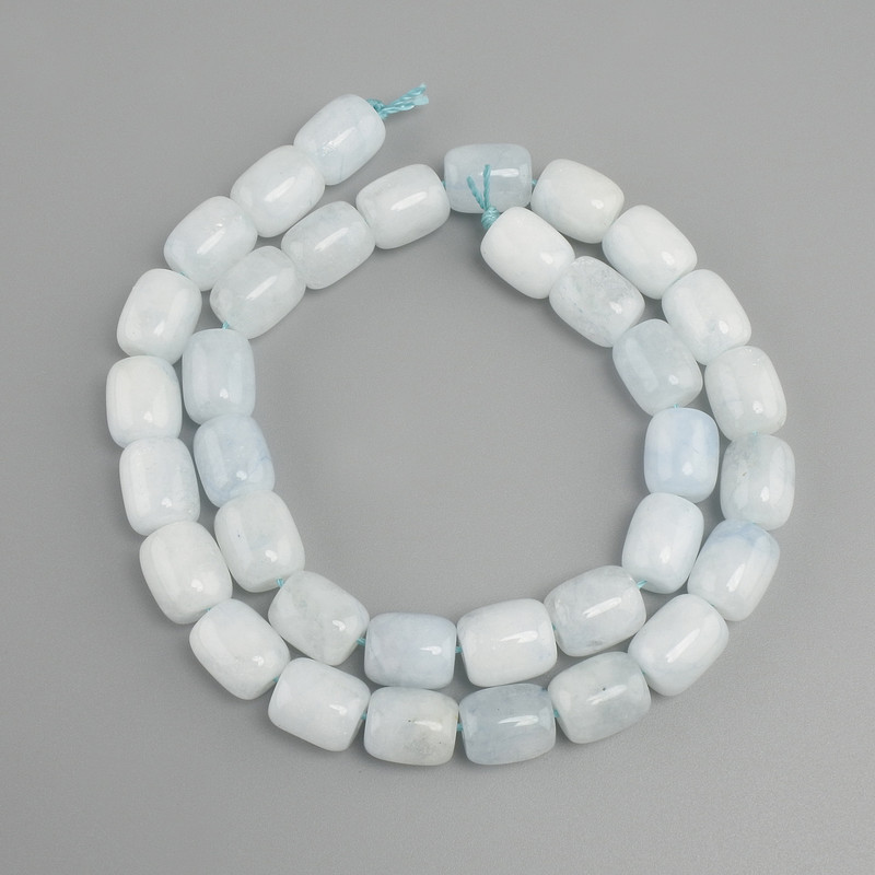 Koraliki z akwamarynu barilowe, średnica 10 mm, 5–11×9 mm ±, długość nici 38 cm