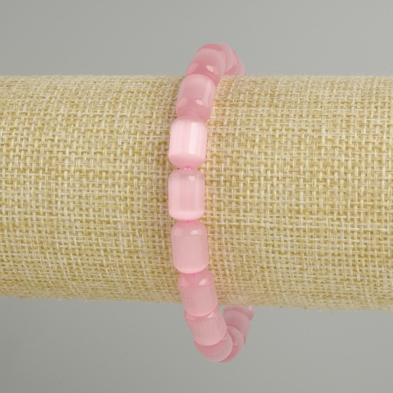 Bransoletka z różowego kociego oka — cylindryczne koraliki, średnica 11×7 mm, 5 mm ±, długość 18 cm ±, elastyczna